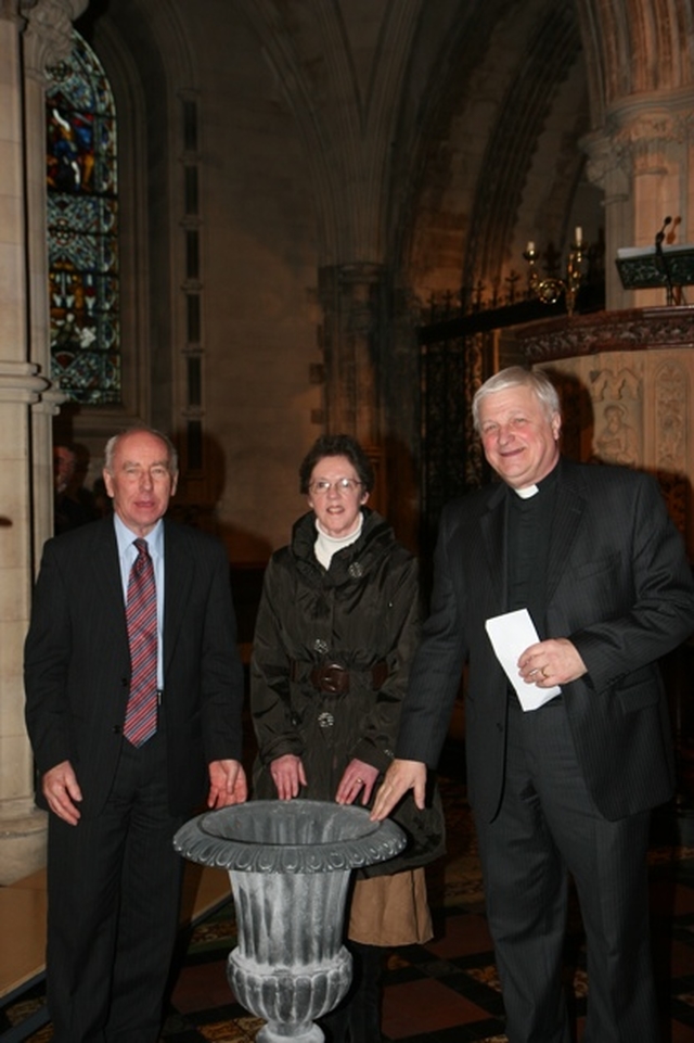 Pictured with one of the two ornamental urns presented to them in recognition of their contribution to the United Dioceses are the former Archdeacon of Glendalough, the Venerable Edgar Swann (right) and his wife, Gladys with the Lay Honorary Secretary of Glendalough, Ron Condell.