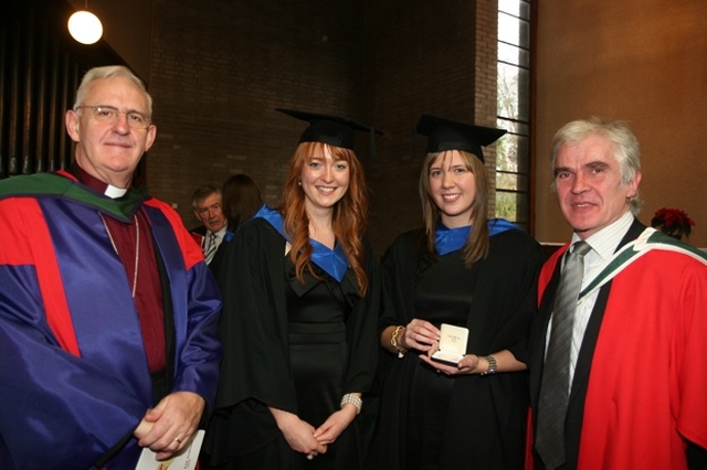 Pictured with the Archbishop of Dublin, the Most Revd Dr John Neill (left) and Professor Tom Collins of NUI Maynooth are two special award winners at their graduation from the Church of Ireland College of Education, (left) Rebecca Ryan who won the Governors Prize for the most significant contribution to life in the college and the Carlisle and Blake Award and Casey McConnell who won the Vere Foster INTO Memorial Award.
