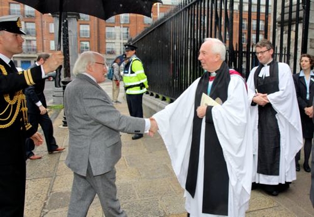 Dean Victor Stacey greets President Michael D Higgins at St Patrick’s Cathedral for the first service to mark the beginning of the academic year for second level schools. 
