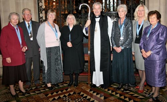 Prayer Ministry Teams from St Ann’s, Dawson Street and Christ Church Cathedral were commissioned by Archbishop Michael Jackson at Choral Evensong in Christ Church Cathedral on October 21. Pictured with the Archbishop are Lily Byrne, Violet Elder, Ron Elder, Hilary Ardis, Carol Casey, Avril Gillatt and Barbara O’Callaghan. 