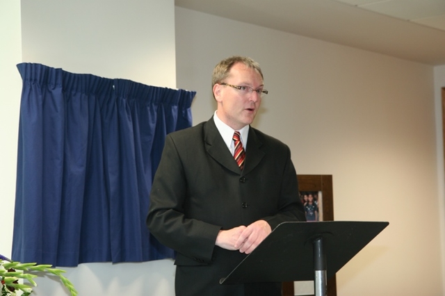 Pictured is Ken Gibson speaking at the opening of new offices for the Leprosy Mission in Sandyford.