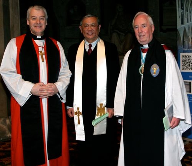 The leader of 25 million Chinese Christians, Elder Fu Xianwei, the Chairperson of National Committee of Three–Self Patriotic Movement of the Protestant Churches in China attended the Dublin Council of Churches ecumenical service in St Patrick’s Cathedral to mark St Patrick’s Day. Pictured are Archbishop Michael Jackson, Elder Fu Xianwei, and Dean Victor Stacey of St Patrick’s Cathedral. 