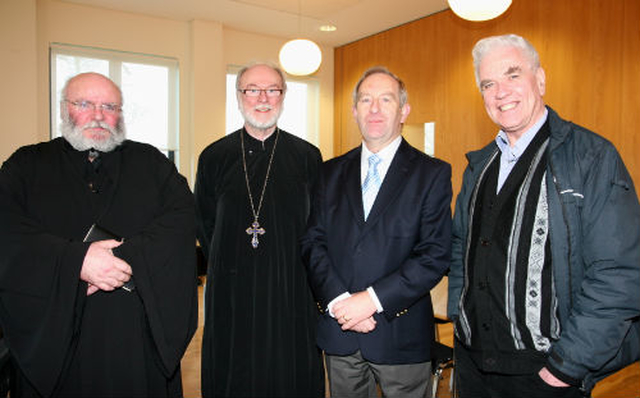 Fr Peter McVerry was the main speaker at the Dublin Council of Churches Forum Day which took place in the Quaker House in Rathfarnham. Fr McVerry (on the right) is pictured with Dublin Council of Churches representatives (from left to right): Deacon in the Antiochian Orthodox Church, Fr John Hickey; Fr Godfrey O’Donnell of the Romanian Orthodox Church; Robert Cochran, Methodist lay preacher.
