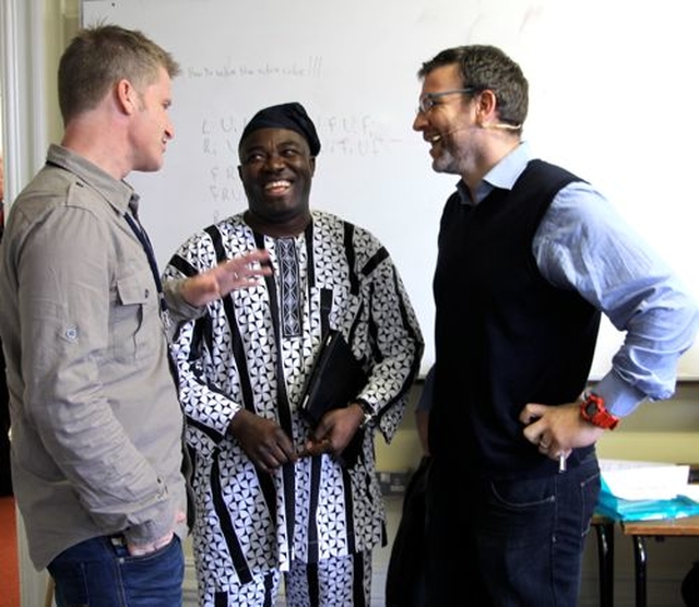 Greg Fromholz, one of the organisers of Rubicon, talks to Thywill Bankole, chair of Fingal Ethnic Network and Graham Jones, head gardener of the Solas Project. 