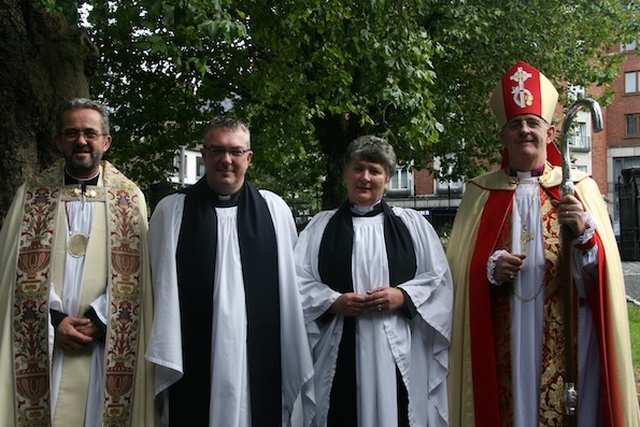 The Revd Garth Bunting (Installed as Priest-Vicar) and the Revd Aisling Shine (Installed as Canon) in Christ Church Cathedral, pictured with the Very Revd Dermot Dunne, Dean of Christ Church, and the Most Revd Dr John Neill, The Archbishop of Dublin.