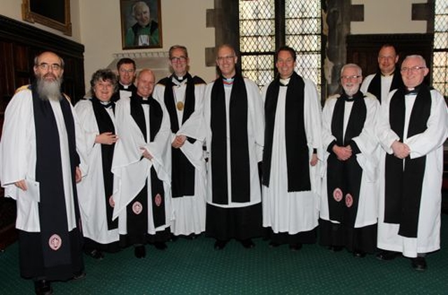 Canon Maurice Elliott with Dean Dermot Dunne and other members of the Christ Church Cathedral Chapter. L–r – Canon Patrick Comerford, Canon Aisling Shine, Canon Mark Gardner, Canon David Gillespie, Dean Dermot Dunne, Canon Maurice Elliott, Canon Peter Campion, Canon Neil McEndoo, Canon Roy Byrne and the Revd Patrick McGlinchey.