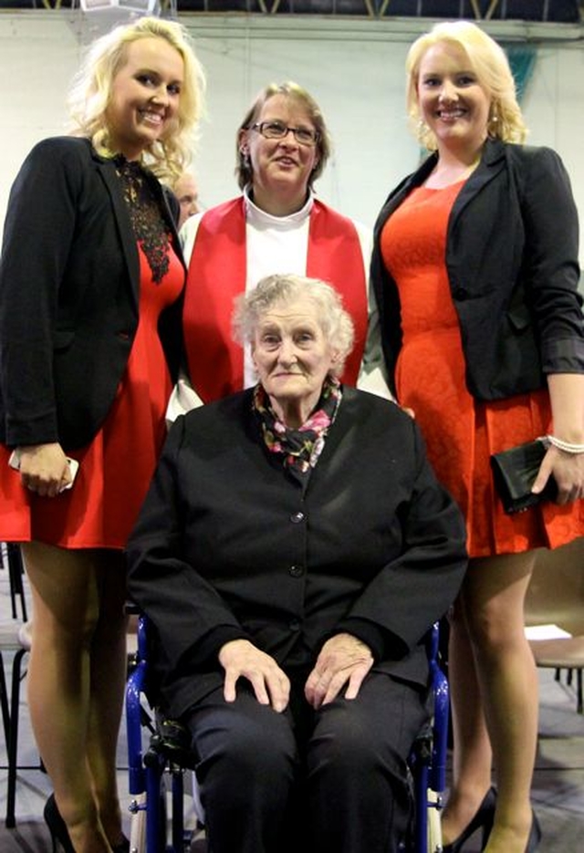 The Revd Lesley Robinson (centre back) is pictured with her mother, Gladys Gill and daughters Nicole (right) and Danielle (left) following Lesley’s service of institution as the new rector of Clontarf. The service took place in Mount Temple School on September 20. 