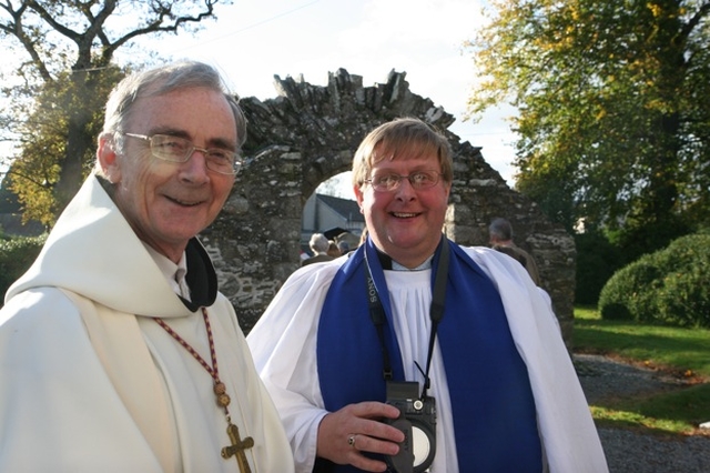 Pictured at the ordination of the Revd Terry Alcock to the priesthood in St James' Church, Castledermot are (left) Abbot Peter Garvey from Bolton Abbey, Moone, Co Kildare and Philip Hendy, Lay Reader in Narraghmore and Timolin with Castledermot and Kinneagh.