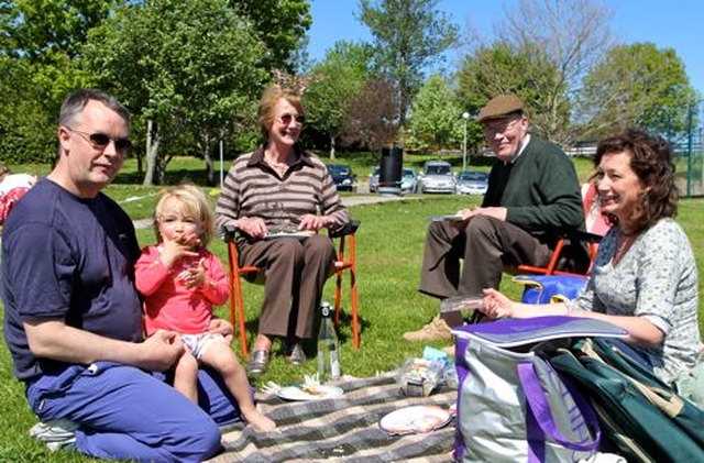 Malcolm and Jean Duff from Powerscourt and Paul and Suzi Dixon and their daughter from Wicklow enjoy their picnic at the Glendalough Family Fun Day, organised by 3Rock Youth, in East Glendalough School, Wicklow, on May 19.