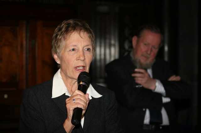 Pictured speaking at the launch of her book, Embracing women - making history in the Church of Ireland is the Revd Canon Ginnie Kennerley. In the background is Sean O'Boyle of Columba Press.