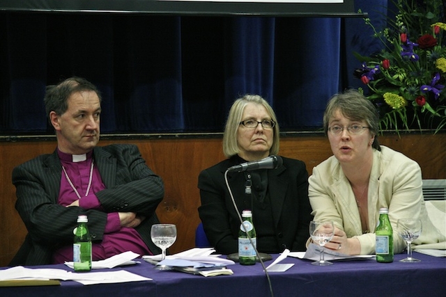 The Rt Revd Michael Burrows, Bishop of Cashel and Ossory; the Revd Janina Ainsworth, Chief Education Officer of the Church of England; and Dr Anne Lodge, Principal of the Church of Ireland College of Education, were part of the panel discussion at the first annual Church of Ireland Primary School Management Association Conference in Kings Hospital School, Palmerstown.