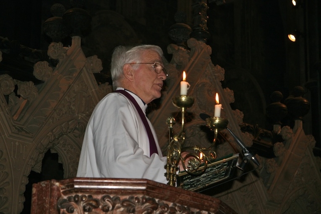 Fr Brian O’Connell, a priest of the Marist order and a native of New Zealand, pictured giving the sermon at the memorial service in Christ Church Cathedral for the 29 miners who died in the Pike River coal mine disaster. 