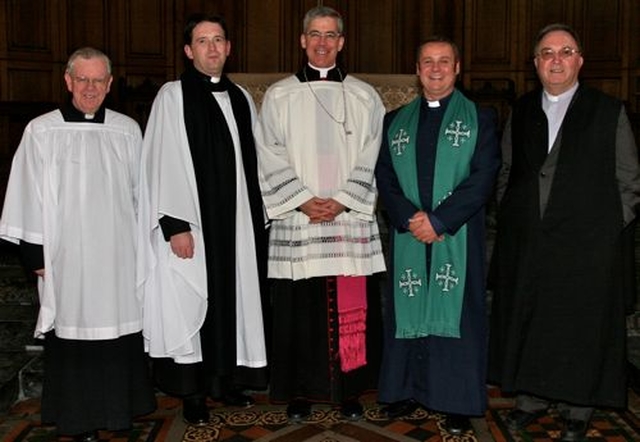 The chaplains of Trinity College Dublin, Fr Paddy Gleeson, Revd Darren McCallig, Revd Julian Hamilton and Fr Peter Sexton, with the Papal Nuncio, the Most Revd Charles Brown, who delivered the address at the start year service in Trinity College Chapel on October 4. 