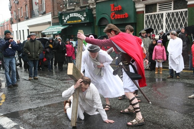 Jesus (Myles Gutkin) falls at the St Werburgh's Church Passion Play.