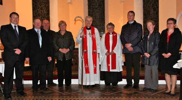The church wardens of the grouped parishes of Donoughmore and Donard with Dunlavin, are pictured with the Archbishop and clergy following the institution of Revd Olive Henderson as rector in St Nicholas’ Church, Dunlavin. L–R: Jeremy Kemp, John Barrett, Archdeacon Ricky Rountree, Cathleen Blake, Archbishop Michael Jackson, Revd Olive Henderson, Neville Case, Pat Hanbidge and Heather Pierce. 
