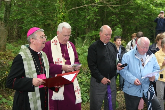 The Most Revd Diarmuid Martin, Archbishop of Dublin (Roman Catholic) leads the congregation in prayer at the ecumenical pilgrimage in Enniskerry by members of the local Roman Catholic and Church of Ireland congregations. Also pictured are the Most Revd Dr John Neill, Archbishop of Dublin (Church of Ireland), the Venerable Ricky Rountree, Archdeacon of Glendalough (Church of Ireland) and the Very Revd Fr John Sinnot, PP of the parish of the Immaculate Heart of Mary (Roman Catholic). The joint pilgrimage is part of the Enniskerry 150 celebrations marking the foundation of three local parishes (2 Church of Ireland and 1 Roman Catholic).