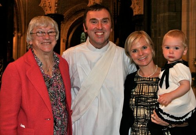 Newly ordained deacon, Revd Rob Clements with his wife Julia and their daughter Sophia and Rob’s mother Etta. 