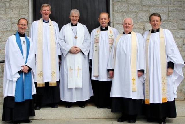 Alan Rhodes, the Revd John Tanner, Archbishop Michael Jackson, Canon Cecil Bryan, Canon Cecil Hyland and Canon Kenneth Kearon following the service of celebration to mark the 150th anniversary of Tullow Church, Carrickmines. 