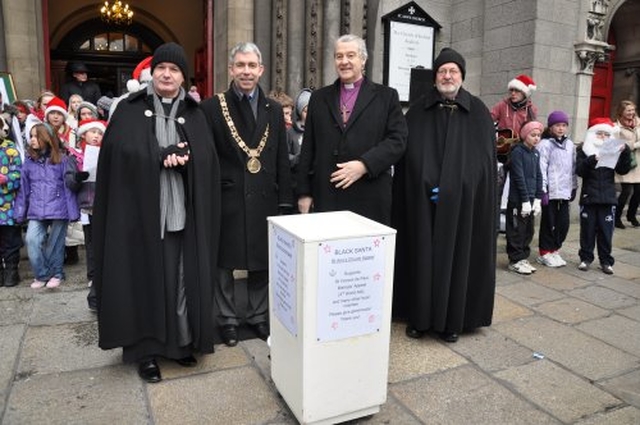 Curate of St Ann’s, the Revd Martin O’Connor, Lord Mayor Andrew Montague, the Most Revd Dr Michael Jackson and the vicar of St Ann’s at the launch of the Black Santa appeal.