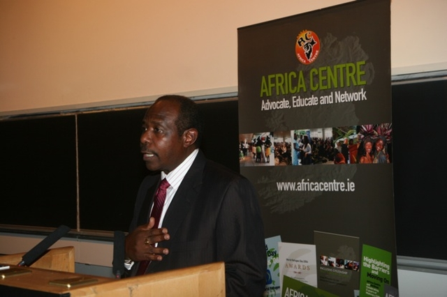 Paul Rusesabagina, whose story of saving over 1200 people from the Rwandan Genocide inspired the film Hotel Rwanda speaking in Trinity College Dublin as a guest of the Africa Centre.