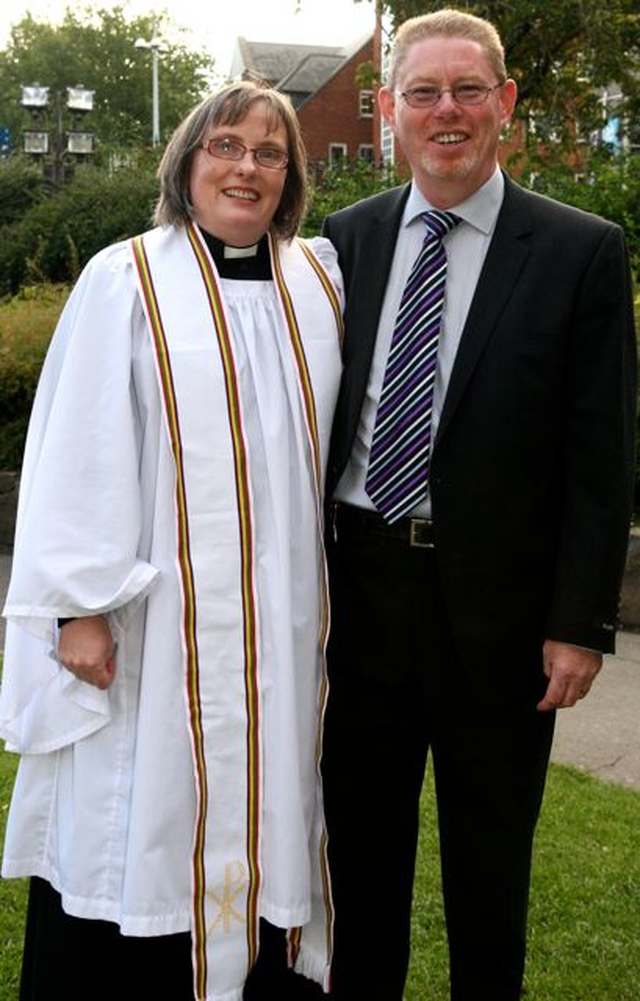 Revd Yvonne Ginnelly with her husband Ivan outside Christ Church Cathedral following her Ordination to the Priesthood on Sunday September 30. 