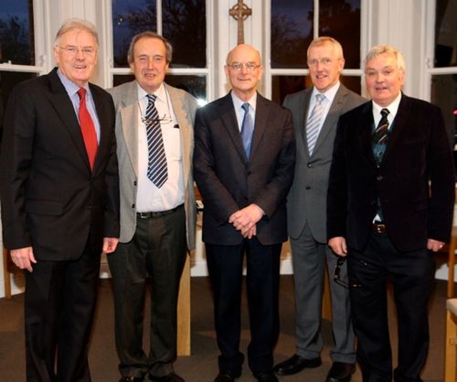The class of ‘64  – Desmond Sinnamon, Mervyn Dickson, John Pickering, John Dinnen and Desmond Hanna returned to the Church of Ireland Theological Institute yesterday, February 17, for the celebrations marking the 50th anniversary of the Divinity Hostel at Braemor Park. 