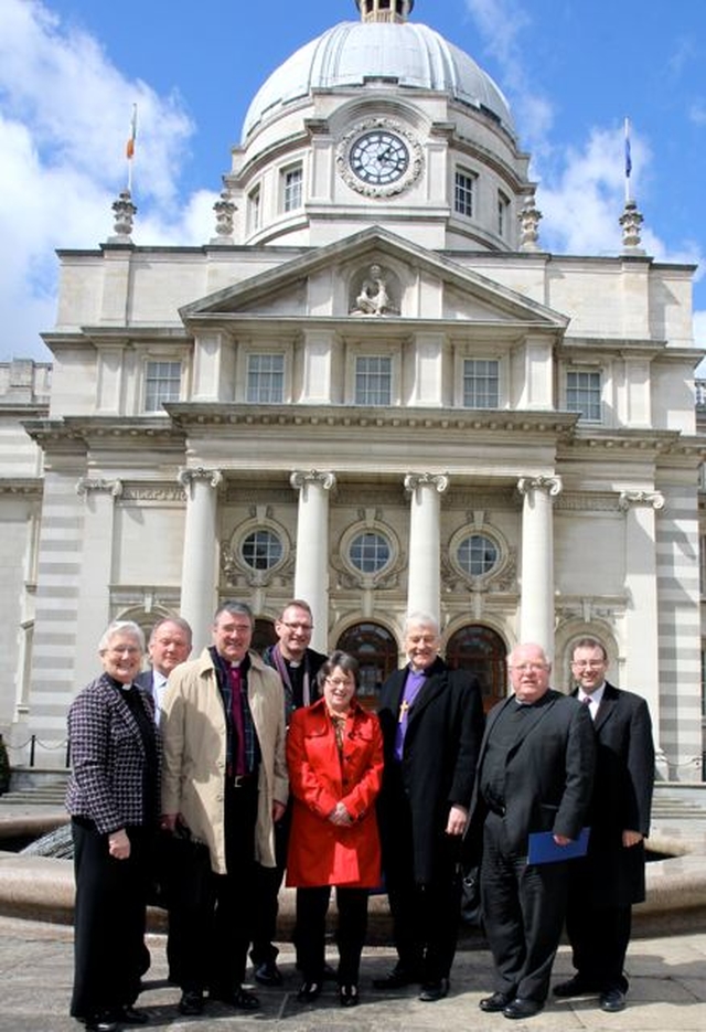 The Church of Ireland delegation which took part in the Church–State bilateral talks with the Government outside Government Buildings in Dublin on April 19. Pictured are Canon Eithne Lynch; Honary Secretary of the General Synod, Mr Sam Harper; the Bishop of Clogher, the Rt Revd John McDowell; the Dean of Clogher, the Very Revd Kenneth Hall; Honary Secretary of the General Synod, Mrs Ethne Harkness who also represented the Archbishop of Armagh, the Most Revd Dr Richard Clarke; the Archbishop of Dublin, the Most Revd Dr Michael Jackson; Honorary Secretary of the General Synod of the Church of Ireland, the Ven Robin Bantry White; and Dr Ken Fennelly, Secretary to the General Synod Board of Education. 