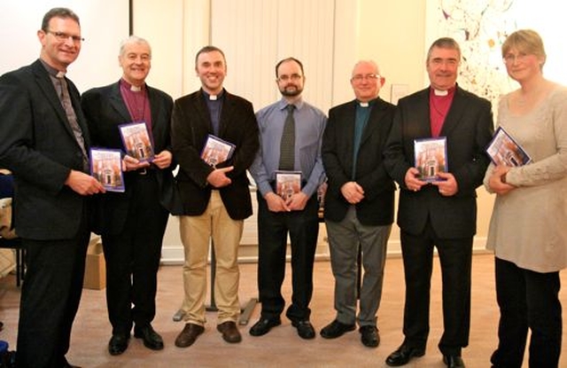 The Very Revd Kenny Hall, Dean of Clogher; the Most Revd Dr Michael Jackson, Archbishop of Dublin; the Revd Rob Clements, author; Symon Hill, who launched the booklet; the Revd Paddy McGlinchey, Lecturer in Missiology at CITI, the Right Revd John McDowell, Bishop of Clogher; and Dr Susan Hood, Church of Ireland Publications Officer at the launch of the latest volume in the Braemor Studies Series. 