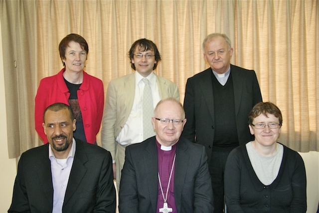 Pictured at the symposium on the patronage of primary schools in the Church of Ireland College of Education were (back row); Dr Marie Griffin, Chairperson of the Dublin Vocational Education Committee; Dr Andrew Pierce, Lecturer in Intercultural Theology and Interreligious Studies at the Irish School of Ecumenics; the Most Revd Brendan Kelly, Chair of the Council for Education of the Irish Episcopal Conference; (front row) Ali Selim, Theologist in Residence at Islam Ireland headquarters in Clonskeagh, Dublin; the Most Revd Richard Clarke, Church of Ireland Bishop of Meath and Kildare; and Fionnuala Ward, Education Officer with Educate Together. The panel discussion was part of the 36th Annual Conference of the Educational Studies Association of Ireland, held in Dublin from 14-16 April.