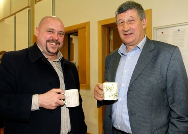 Trevor Lazenby and Ernest Stacey enjoying the hospitality following the institution of the Revd Olive Donohoe as the new Rector of Athy.