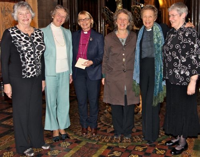 Joan Rufli, Thea Boyle, Bishop Pat Storey, Audrey Smith, Canon Ginnie Kennerley and Julia Turner in Christ Church Cathedral at the launch of With Dignity and Grace, a biography of Daphne Wormell who campaigned for the ordination of women. 