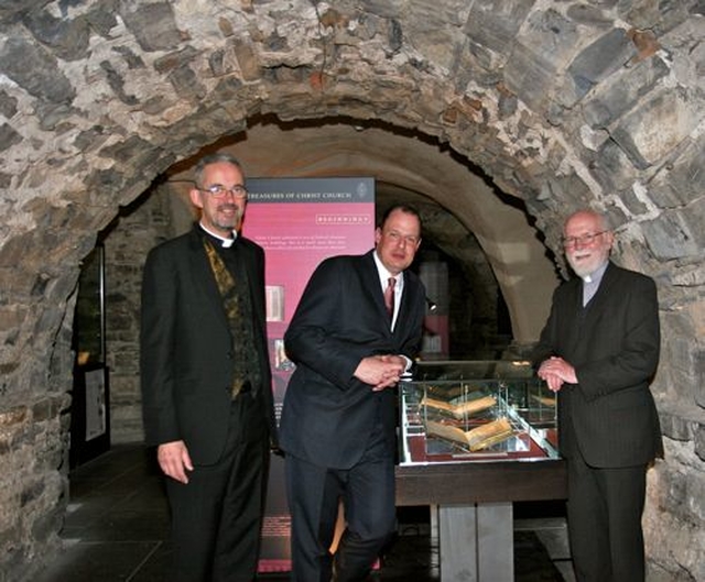 Dean Dermot Dunne, Canon Roy Byrne and Canon Billy Marshall examine an exhibit at the launch of the Word that spake it – an exhibition marking the 350th anniversary of the 1662 Book of Common Prayer in Christ Church Cathedral. 