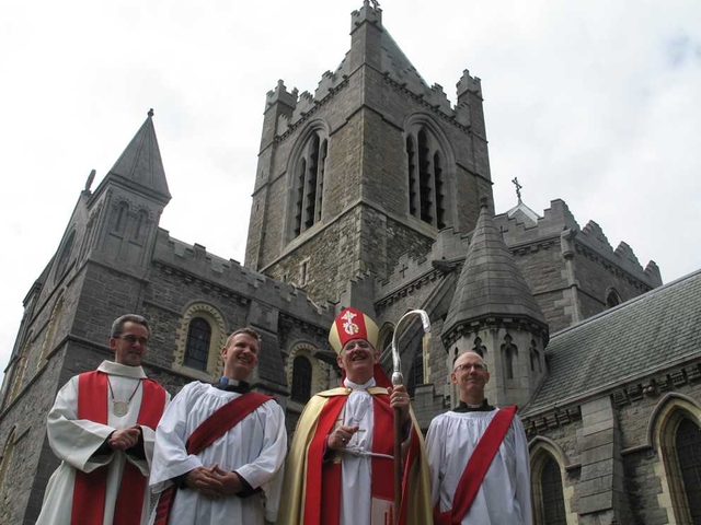 Pictured under the shadow of Christ Church Cathedral prior to their ordination to the priesthood are the Revd Alan Barr of Bray (right) with the Revd Rob Jones of CORE (2nd left) with the Archbishop of Dublin, the Most Revd Dr John Neill (centre) and the Dean of Christ Church, the Very Revd Dermot Dunne (left).