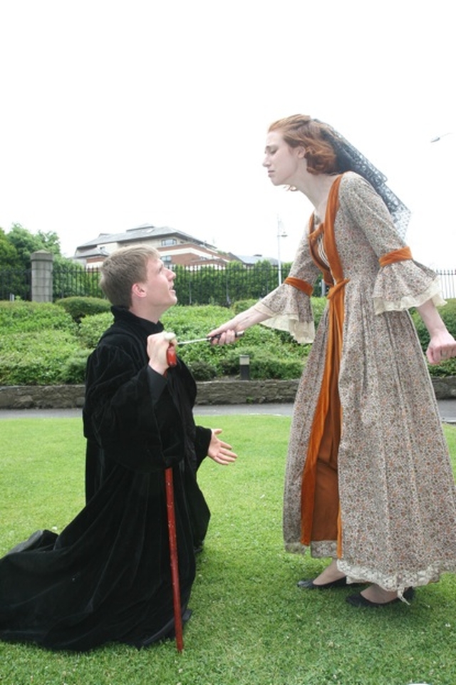 From Act 1 Scene 2 of Richard III by the Dublin University Players in Christ Church Cathedral. Richard III (Eoin O Liatháin implores the Lady Anne (Clancy Flynn) to kill him. The scene was performed in the Cathedral as part of the Dublin Shakespeare Festival.