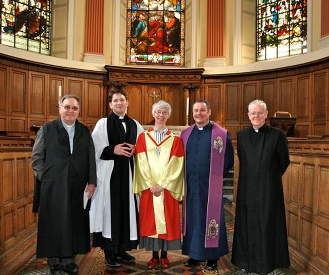 The Chaplains of Trinity College Dublin with the preacher at the annual Trinity Monday Service of Commemoration and Thanksgiving. Pictured from left to right are Fr Peter Sexton SJ, the Revd Darren McCallig, Professor Geraldine Smyth OP, Associate Professor in Intercultural Theology and Interreligious Studies and Head of Discipline for the Irish School of Ecumenics (TCD), the Revd Julian Hamilton and the Revd Paddy Gleeson. 