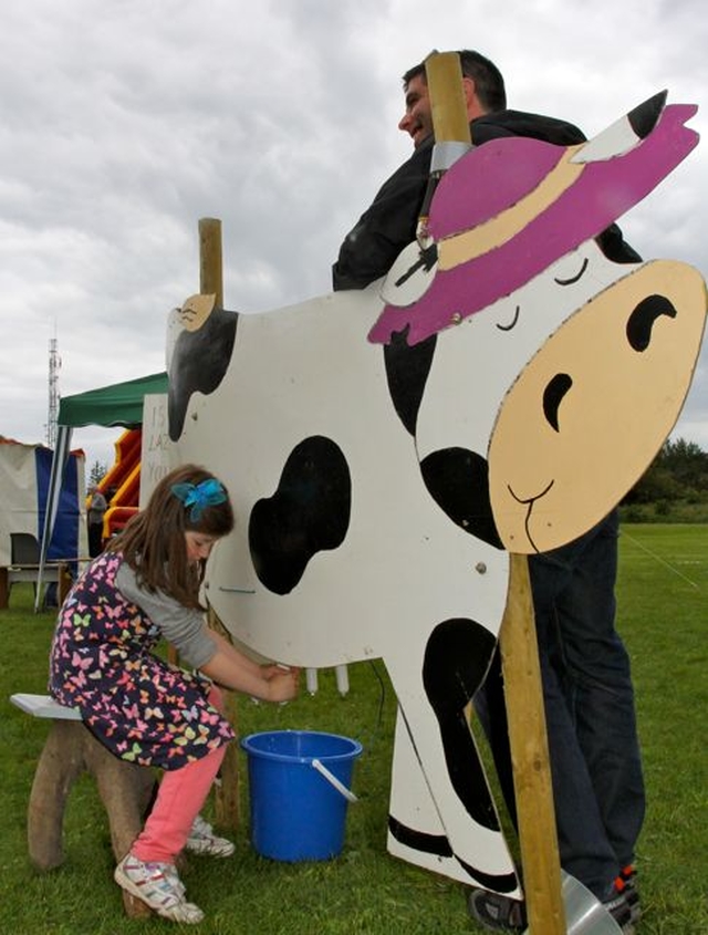 Milking Maisy the Cow at Wicklow Parish Fete in the grounds of East Glendalough School. 