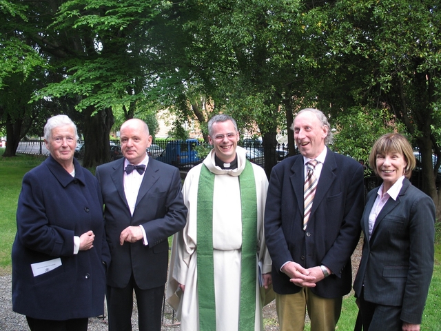 The Revd Andrew McCroskery (centre) pictured with (left to right) Betty Walsh, Churchwarden Leeson Park, Amos McGrath, Churchwarden St Bartholomew's, Andrew Reid, Churchwarden Leeson Park and Gillian Davidson, Churchwarden, St Bartholmew's shortly before Andrew's institution as Vicar of St Bartholomew's and Leeson Park parishes.