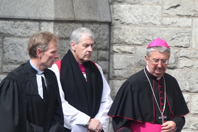 The Revd Dr John Stephens of the Dublin Central Mission Methodist Church; the Most Revd Dr Michael Jackson, Church of Ireland Archbishop of Dublin and Bishop of Glendalough; and the Most Revd Diarmuid Martin, Roman Catholic Archbishop of Dublin, at the funeral of former Taoiseach Dr Garret FitzGerald in The Sacred Heart Church in Donnybrook, Dublin. Photo: Patrick Hugh Lynch.