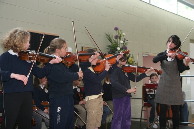 Pupils providing the music at the opening of a new school extension in Bray, Co Wicklow.