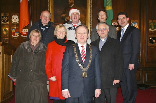 Pictured at the Ecumenical Carol Singing in the Mansion House, Dawson Street, Dublin, were (back row) Derek Neilson, Organising Committee; Geoffrey McMaster, Organising Committee; Ruaidhrí Ó Dálaigh, Musical Director with Cantairí Avondale; Rónán Mullen, Independent Senator; and (front row) Judith Wilkinson, Organising Committee; Éanna Ní Lamhna, TV and radio personality; Gerry Breen, Lord Mayor of Dublin; and the Revd Ken Rue, Chairman of the Organising Committee. 