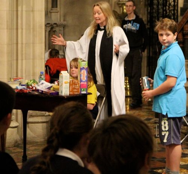 The Revd Sonia Gyles illustrates her sermon with the help of two volunteers at the annual Dublin and Glendalough Diocesan Service for Primary and Junior Schools in Christ Church Cathedral today (September 26). 