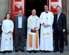 Pictured before the service commemorating the 100th anniversary of Cumann Gaelach na hEaglaise in St Ann’s Church, Dawson Street, were the Revd Elaine Dunne, Cllr Mícheál Mac Donncha, Canon David Gillespie, Bishop Michael Burrows and Dáithí Ó Maolchoille.