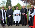 Some of the Church leaders present at the Church of St John the Baptist for the ecumenical service to commemorate the 1,000th anniversary of the Battle of Clontarf. Pictured are the Revd Lorraine Kennedy–Richie, Presbyterian Moderator of Dublin and Munster Presbytery; the Revd Andrew Dougherty, Methodist Superintendent of the Dublin District, the Revd Lesley Robinson, Rector of Clontarf Parish; the Most Revd Dr Eamonn Walsh, Roman Catholic Auxiliary Bishop of Dublin; and the Most Revd Dr Michael Jackson, Church of Ireland Archbishop of Dublin. 