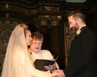 Bram Stoker and Florence Balcombe (Edward Brennan and Mary Cate Smith) make their vows at the re-enactment of the wedding of Bram Stoker and Florence Balcombe in St Ann's. In the backgound is the Revd Willie Black playing the minister. Bram Stoker, best known as the author of Dracula was married in St Ann's in 1878.