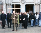 Pictured at the end of the Ecumenical Walk Behind the Cross from the Church of the Holy Name, Beechwood Avenue to Sandford Parish Church. Amongst those pictured is the Revd Anne-Marie O'Farrell (Curate, Sandford and Milltown) and the Revd Sonia Gyles (Rector, Sandford and Milltown) (Photo: David Wynne).