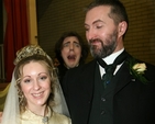 Bram Stoker (played by Edward Brennan) and Florence Balcombe (Mary Cate Smith) at the re-enactment of the wedding of Bram Stoker and Florence in St Ann's Church, Dawson Street. In the background is a distraught Oscar Wilde (Aodán Ó Coileán). Bram Stoker, most famous for writing Dracula married Florence, the sweetheart of Oscar Wilde in St Ann's in 1878. The wedding will be re-enacted again on Sunday 6 April.