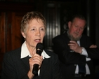 Pictured speaking at the launch of her book, Embracing women - making history in the Church of Ireland is the Revd Canon Ginnie Kennerley. In the background is Sean O'Boyle of Columba Press.