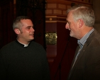 The Revd Andrew McCroskerry, Vicar of Bartholomews (left) with Fr Keiron O'Mahony following the lecture by the Revd Dr Jerome Murphy-O'Connor on the history of the Christian Quarter in Jerusalem.