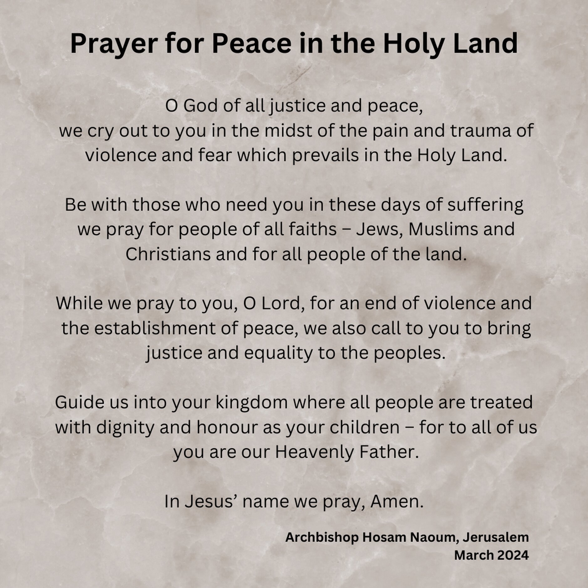 Prayer for Peace in the Holy Land: by the Archbishop of Jerusalem - Archbishop Hosam Naoum, the Anglican Archbishop in Jerusalem, has written a prayer for peace in the Holy Land. He has shared it with bishops across the Anglican Communion.

Archbishop Michael Jackson is encouraging all the people of the United Dioceses to use the prayer personally and has asked clergy to use it in church services from Palm Sunday through to Easter Day. 

He says: “Palm Sunday marks the transition on the part of Jesus Christ from the desert to the city of Jerusalem. We travel with him on this journey of faith, in humility and suffering”.