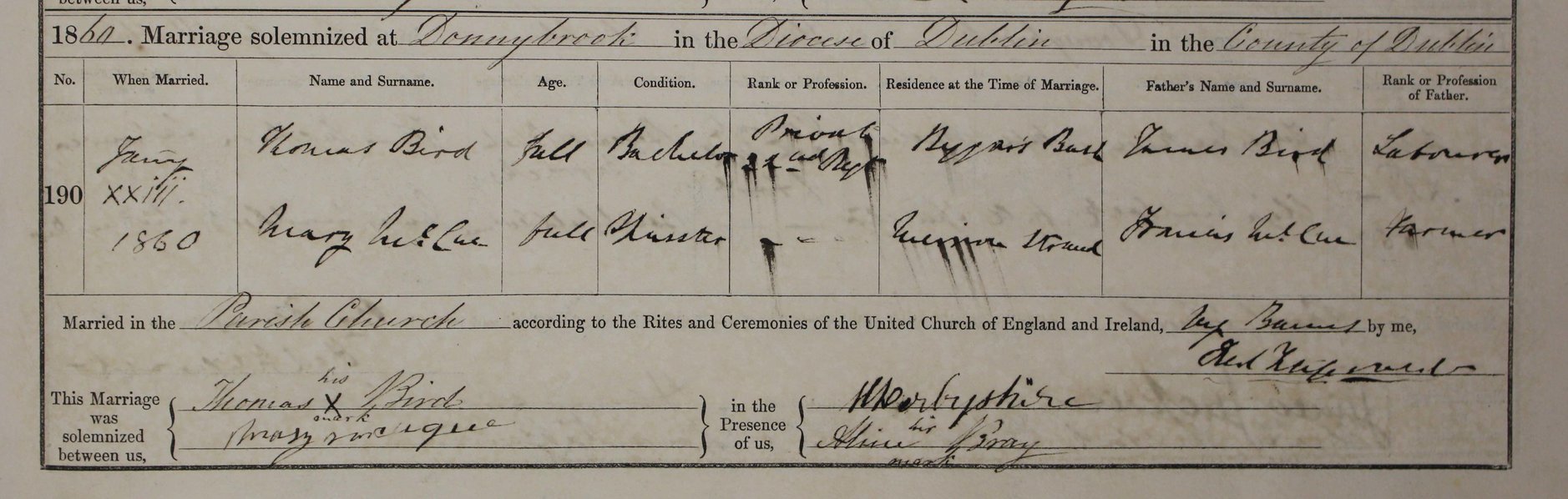 On This Day: Irish Links to Duchess of Sussex, Meghan Markle - The Marriage of the Great–great–great Grandparents of the Duchess of Sussex in Donnybrook Parish Church, 23rd January 1860.